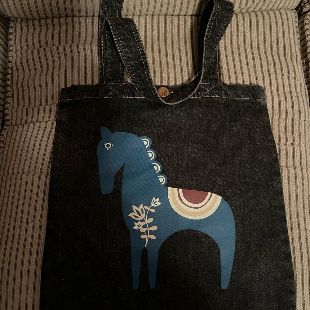 NWOT- Stylish Denim Black Tote Bag with Blue Horse Design